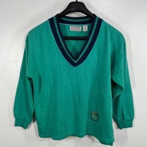 Hunts Point Vintage V-Neck Rugby Sweatshirt Green Crest Preppy Long Sleeve L 90s